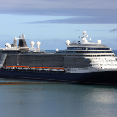 Large cruise ship anchored in calm waters under a partly cloudy sky.